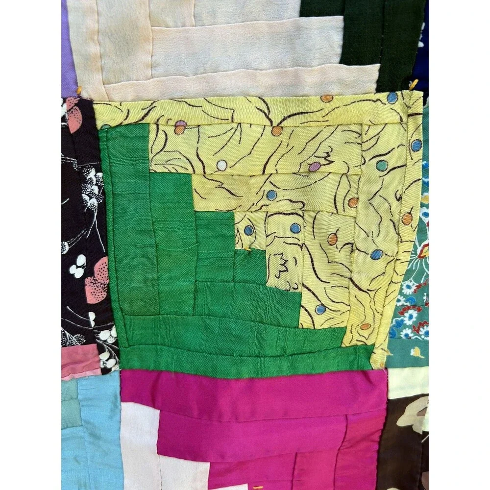 Antique Log Cabin In Rows Quilt Hand Pieced Hand Tied 1930s 40s Silk Rayon